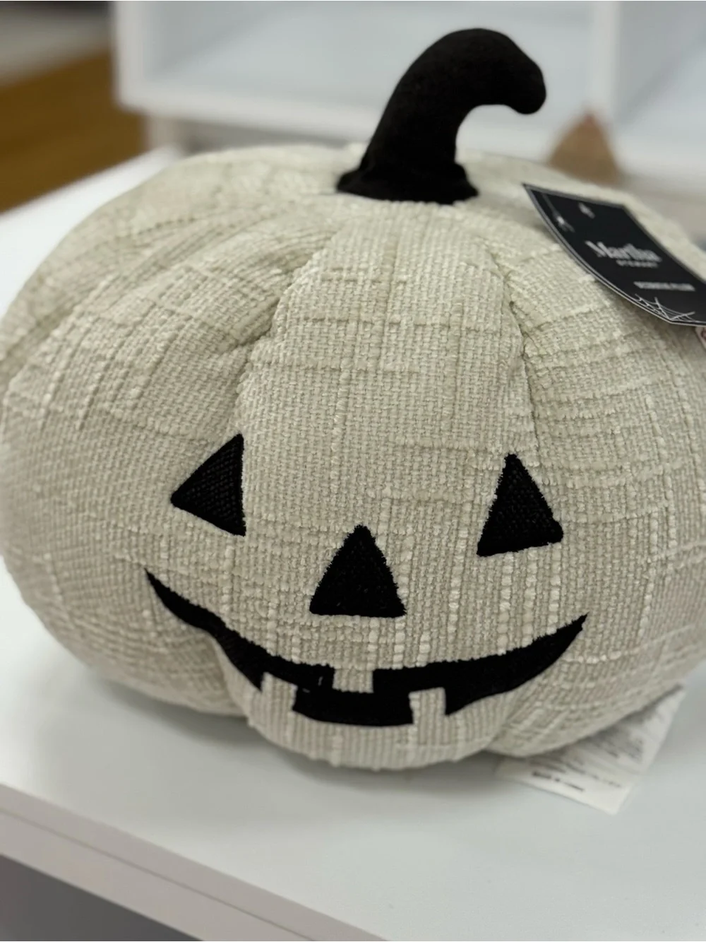 Martha Stewart Cream Textured Pumpkin Jack-O'-Lantern Pillow with Black Face